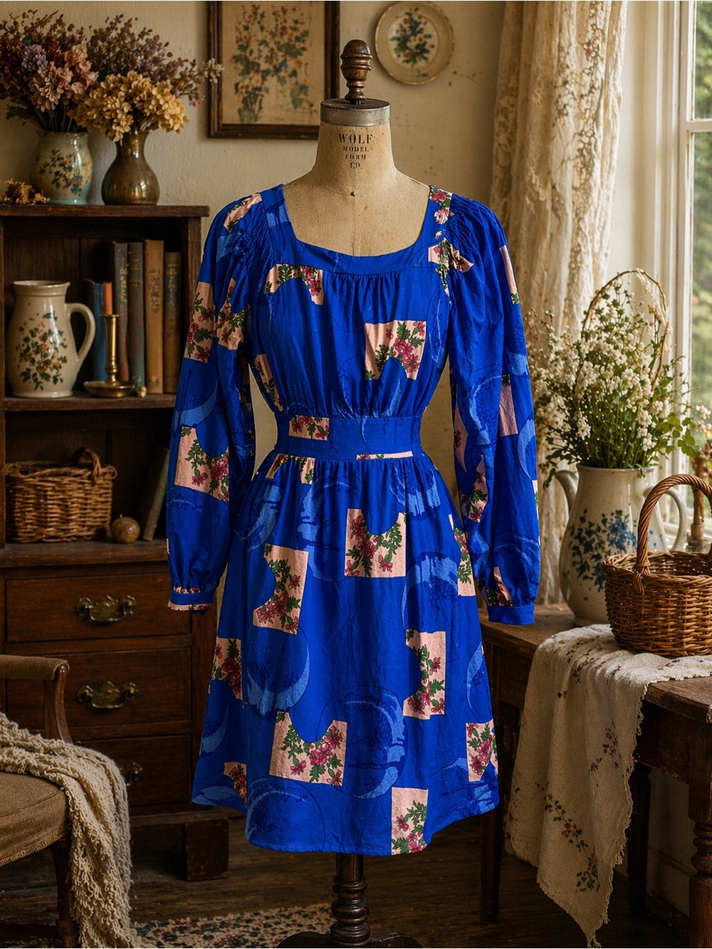 Vintage 1970s Peggy Lane Blue & Pink Long Sleeve Dress